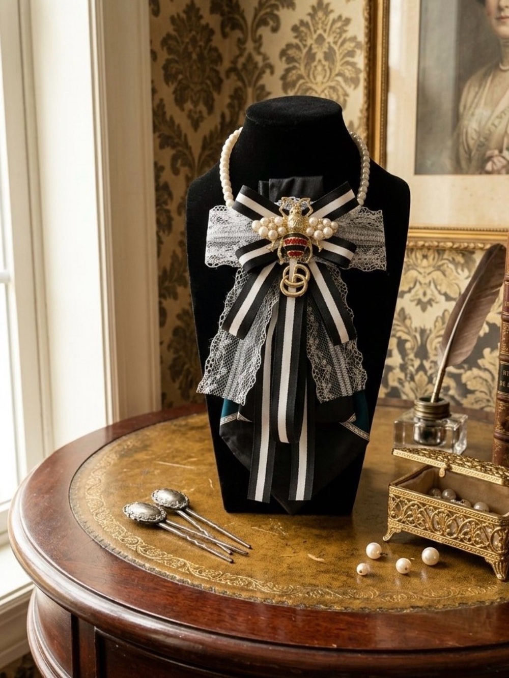 Pearl & Ribbon Statement Necklace Tie Necklace